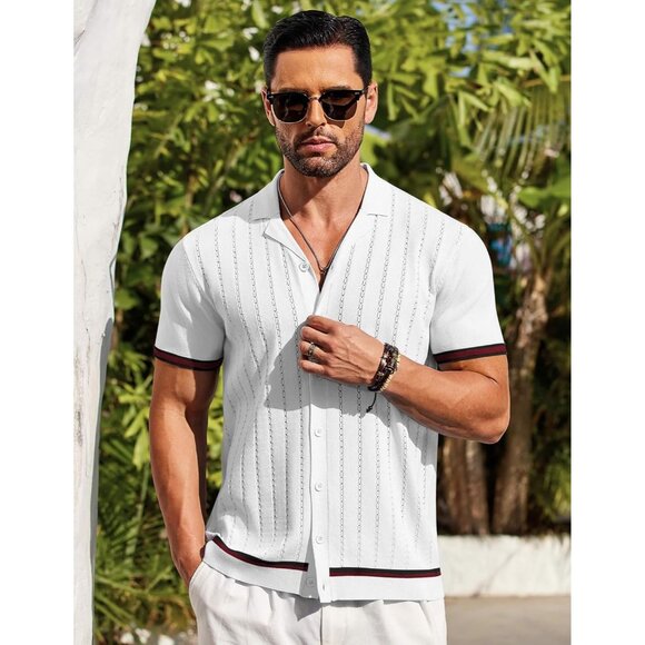 Men's White Short Sleeve Knit Shirt Casual Button Down Shirt Vintage Striped - Picture 5 of 6